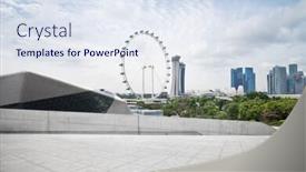  Presentation with ferris wheel - PPT theme consisting of empty sidewalk with modern buildings near ferris wheel background and a sky blue colored foreground