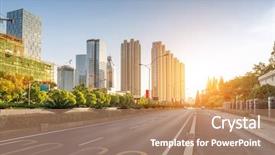  Presentation with city street - Amazing PPT theme having empty street in modern city backdrop and a coral colored foreground