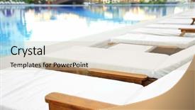  Presentation with luxury hotel - Colorful presentation theme enhanced with daybed - empty sunbeds near swimming pool backdrop and a soft green colored foreground