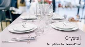  Presentation with tableware - Amazing PPT theme having empty-tableware-table-setting-nobody backdrop and a light gray colored foreground