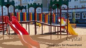  Presentation with play children - Presentation theme with empty-urban-residential-infrastructure-nobody background and a coral colored foreground