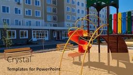  Presentation with play children - Cool new PPT theme with empty-urban-residential-infrastructure-nobody backdrop and a coral colored foreground