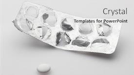  Presentation with pharmacy pharmaceutical medicament - Colorful slide deck enhanced with empty-used-opened-blister backdrop and a light gray colored foreground