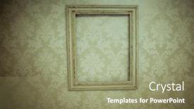  Presentation with corner - Slide deck consisting of empty vintage wooden picture frame hanging at an angle on old-fashioned beige wallpaper with an arabesque pattern with corner vignetting background and a coral colored foreground
