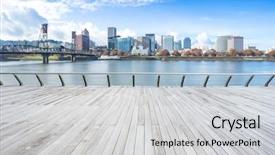  Presentation with wood bridge - Audience pleasing presentation consisting of empty wood floor near steel bridge over water with cityscape and skyline of portland backdrop and a light gray colored foreground