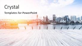  Presentation with wood bridge - Presentation theme featuring empty wood floor near steel bridge over water with cityscape and skyline of portland at sunrise background and a white colored foreground