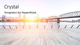  Presentation with wood bridge - Cool new presentation theme with empty wood floor near steel bridge with cityscape and skyline of portland at sunrise backdrop and a sky blue colored foreground