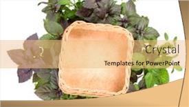  Presentation with sweet basil - Colorful PPT layouts enhanced with empty wooden bowl over various sweet basil herb leaves background healthy food concept top view with copy space backdrop and a yellow colored foreground