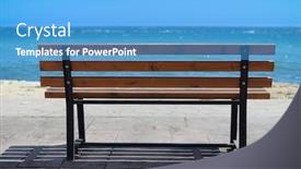  Presentation with sea shore - PPT layouts enhanced with empty-wooden-rest-bench background and a light blue colored foreground