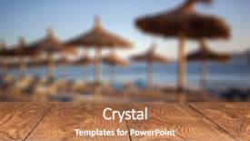  Presentation with straw - Audience pleasing slide set consisting of empty wooden table with blurred beach with straw umbrellas on sunrise on background backdrop and a red colored foreground