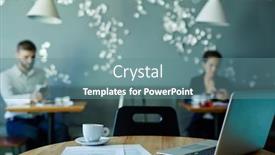  Presentation with cup coffee - Cool new PPT layouts with empty-workplace-with-laptop-papers backdrop and a seafoam green colored foreground