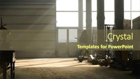  Presentation with industrial machines - PPT theme featuring empty-workshop-or-hangar background and a tawny brown colored foreground