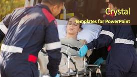  Presentation with ambulance - Colorful PPT layouts enhanced with first aider - paramedics taking unconscious patient backdrop and a tawny brown colored foreground