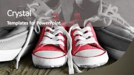  Presentation with dark vintage wood table texture - Beautiful presentation theme featuring emulation - big and small shoes backdrop and a  colored foreground