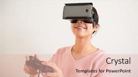  Presentation with virtual reality - Audience pleasing presentation theme consisting of emulation - excited young woman play game backdrop and a lemonade colored foreground