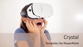  Presentation with heart device - Audience pleasing slides consisting of emulation - scared woman wearing vr device backdrop and a soft green colored foreground