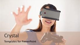  Presentation with virtual reality - PPT theme consisting of emulation - woman wearing virtual reality device background and a coral colored foreground