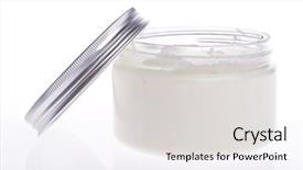  Presentation with container - Cool new PPT theme with emulsion - cosmetic cream in container isolated backdrop and a light gray colored foreground