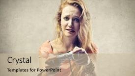  Presentation with hipster girl playing tetris game - Presentation theme featuring enable - beautiful blonde girl playing background and a soft green colored foreground