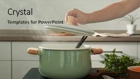  Presentation with lid - Theme with holding lid above enamelled pan background and a light gray colored foreground