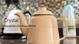 Presentation with enamel - PPT theme featuring enamel teapot in the kitchen background and a coral colored foreground