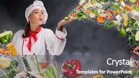  Presentation with food preparation - Presentation theme consisting of enchanted - young woman chef blowing fresh background and a dark gray colored foreground