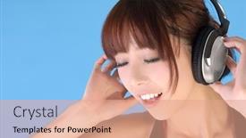  Presentation with asian music - Beautiful theme featuring enchanting young girl of asian enjoy music over blue background backdrop and a coral colored foreground