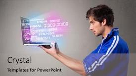  Presentation with data - Colorful presentation theme enhanced with encode - casual young man holding laptop backdrop and a light gray colored foreground