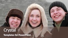  Presentation with old clothes - Audience pleasing theme consisting of encounter of old friends after long years of separation trio in winter clothes backdrop and a violet colored foreground