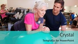  Presentation with gym ball - PPT layouts having encouragement - senior woman exercising on swiss background and a cyan colored foreground