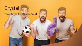  Presentation with football - Slide deck with encouragement - three young cheery men football background and a yellow colored foreground