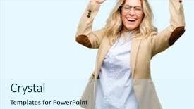  Presentation with energy power - Amazing slide set having encouragement - young beautiful woman happy backdrop and a sky blue colored foreground