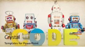  Presentation with robots - Slide set consisting of decryption - robots and the word code background and a yellow colored foreground