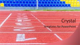  Presentation with starting line red running track - Slides with end course - running track numbers in stadium background and a coral colored foreground