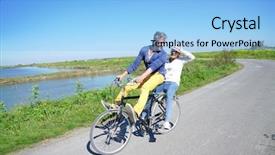  Presentation with man riding big bike motor - Cool new slide deck with end days - cheerful couple riding bike backdrop and a light blue colored foreground