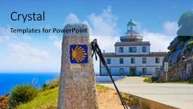  Presentation with end - Colorful presentation enhanced with end of saint james way backdrop and a light blue colored foreground