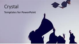  Presentation with end school year - Presentation design featuring end school year - five graduates throwing their hats background and a light gray colored foreground