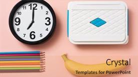  Presentation with lunch box - Slide deck enhanced with end school year - high angle view background and a coral colored foreground