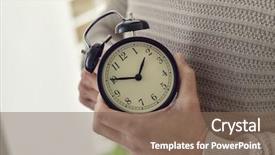  Presentation with countdown time bomb alarm - Slide deck having end times - closeup of young caucasian man background and a violet colored foreground