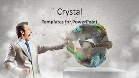  Presentation with earth - Slide set having end world power - young determined businessman crashing earth background and a  colored foreground