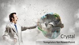  Presentation with earth - Slide set with end world power - young determined businessman crashing earth background and a  colored foreground
