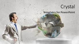  Presentation with earth - Cool new presentation design with end world power - young determined businessman crashing earth backdrop and a  colored foreground