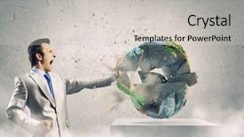  Presentation with earth - Colorful presentation enhanced with end world power - young determined businessman crashing earth backdrop and a light gray colored foreground