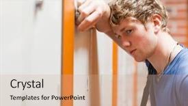  Presentation with sad lonely student sitting - PPT theme consisting of end year results - close up of a lonely background and a coral colored foreground