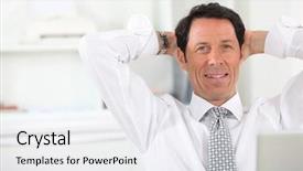  Presentation with end year - Beautiful slide deck featuring end year results - relaxed businessman close-up backdrop and a sky blue colored foreground