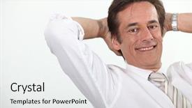  Presentation with stress free zone totally relaxed - Slide deck featuring end year results - relaxed businessman background and a white colored foreground
