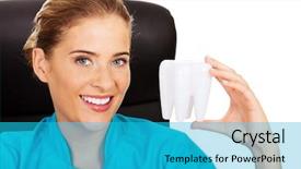  Presentation with dentist - Audience pleasing PPT theme consisting of endodontics - female dentist holding tooth model backdrop and a  colored foreground