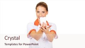  Presentation with portrait of excited overjoyed female - PPT theme with endodontics - portrait of female dentist holding background and a  colored foreground
