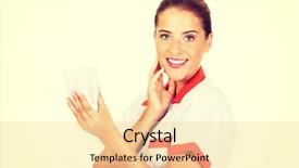  Presentation with portrait of excited overjoyed female - Beautiful presentation design featuring endodontics - portrait of female dentist holding backdrop and a  colored foreground