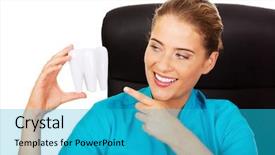  Presentation with endodontics - Beautiful slide set featuring endodontics - young female dentist holding tooth backdrop and a teal colored foreground